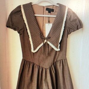 Brown Plaid Kids Dress with White Trim